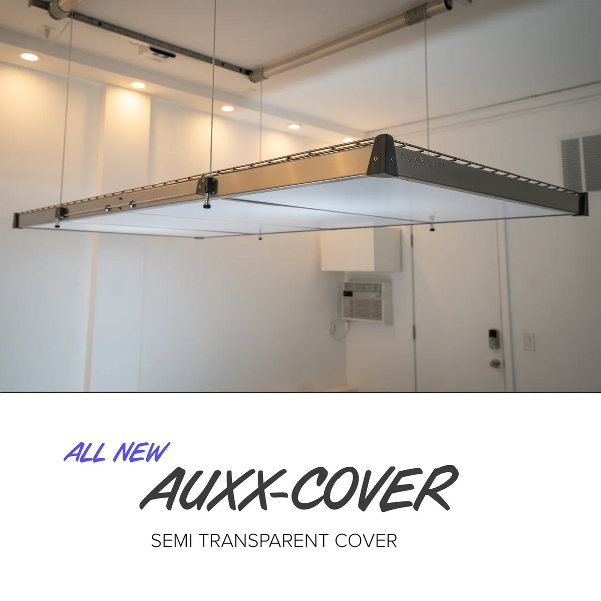 Underside of an Auxx-Lift storage platform fitted with semi-transparent white cover panels with text