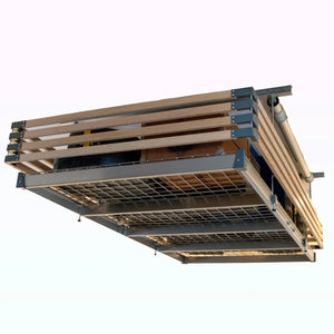 Auxx-Fence hardwood slats around an overhead storage platform, underside view on white background