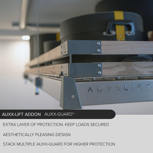 Corner of an Auxx-Lift platform showing the Auxx-Guard two-row wood slats and bracket hardware