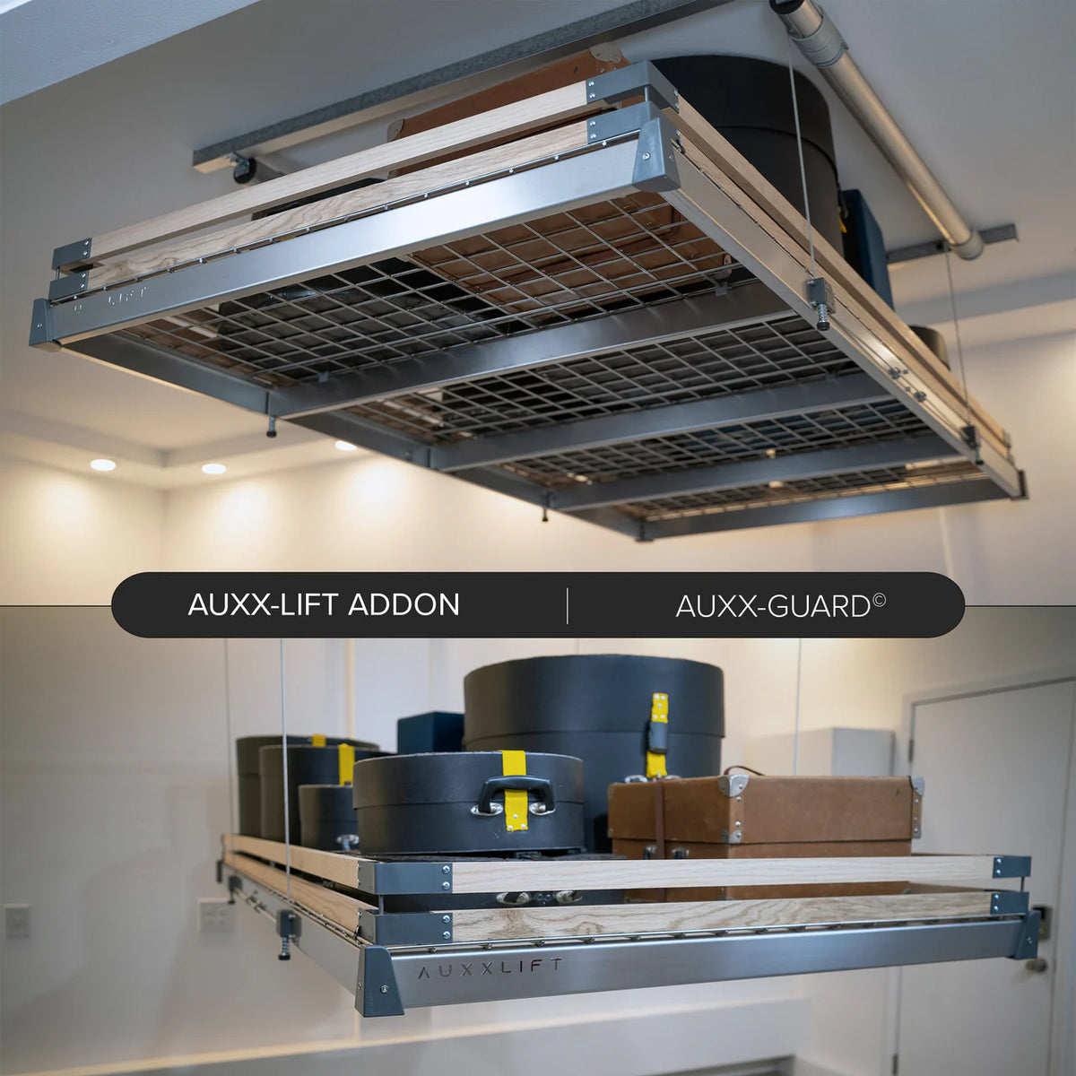 Auxx-Guard wood slat rail on an Auxx-Lift platform, shown from underneath and loaded with cases