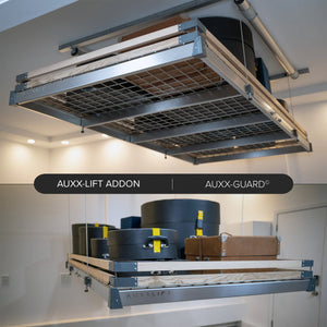 Auxx-Guard wood slat rail on an Auxx-Lift platform, shown from underneath and loaded with cases