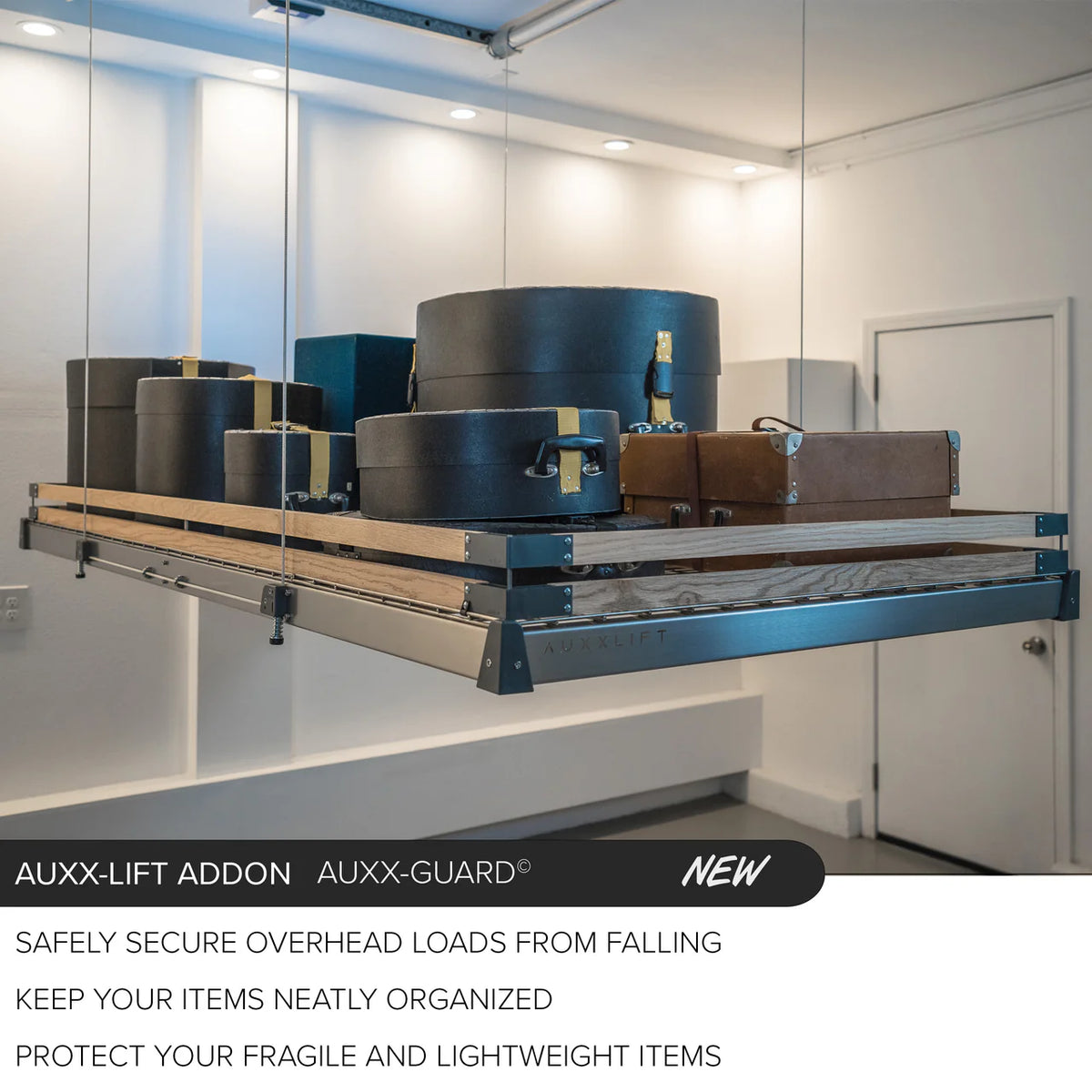 Auxx-Guard wood slat rail around a loaded Auxx-Lift overhead storage platform near a ceiling