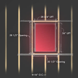 Max platform sizing diagram: 28.75 by 56 inch deck, 30.5 by 58.5 inch opening, 16 inch on-center joists