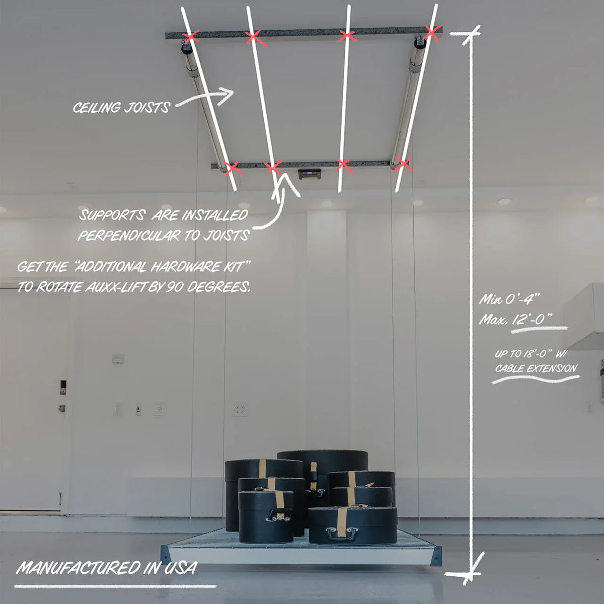 Auxx-Lift installation diagram showing the platform lowered to the floor with ceiling-joist mounting notes and travel-height callouts