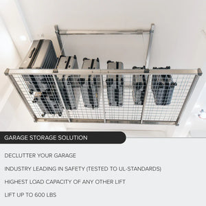 Auxx-Lift platform near the ceiling lined with hard-shell suitcases stored on their sides