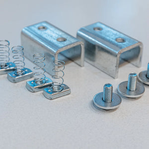Zinc U-channel brackets, spring channel nuts, and flanged bolts
