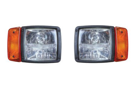 Front view of the left and right halogen lights with amber turn-signal lenses