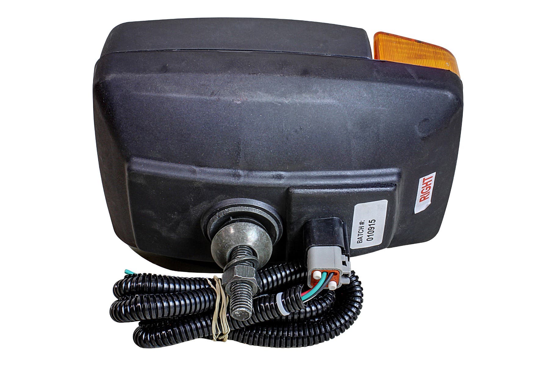Rear of a halogen light with mounting stud, wiring harness and connector, labeled RIGHT