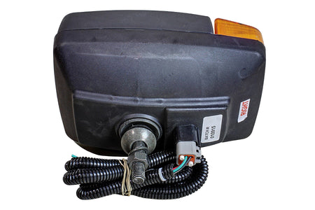 Rear of a halogen light with mounting stud, wiring harness and connector, labeled RIGHT