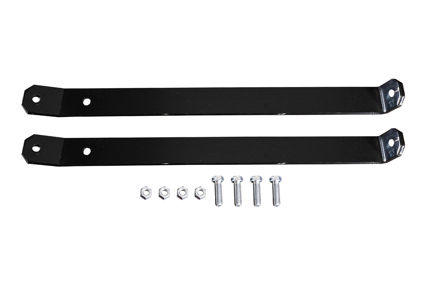 Two black steel light mounting brackets with four bolts and nuts