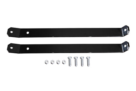 Two black steel light mounting brackets with four bolts and nuts