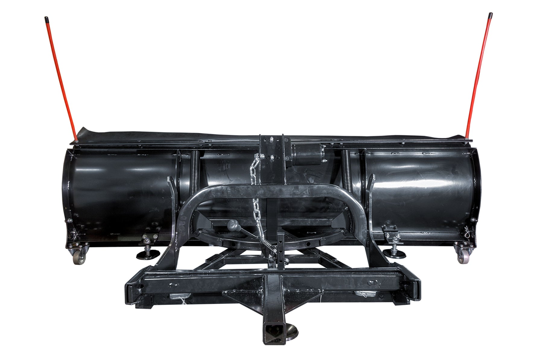 Rear view of the plow A-frame, receiver tongue, castor wheels, trip springs and safety chain