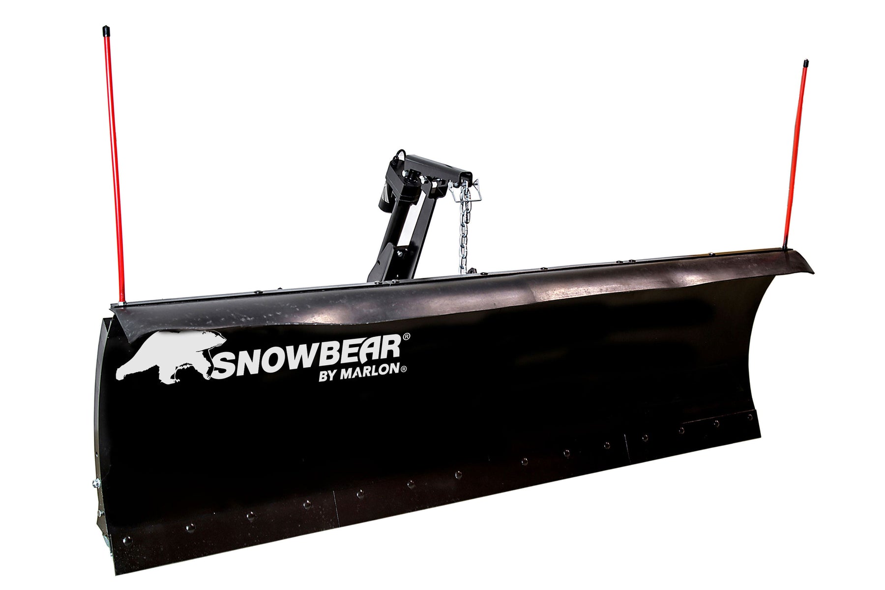 SnowBear Elite hitch-mounted snow plow with electric actuator lift tower and safety chain