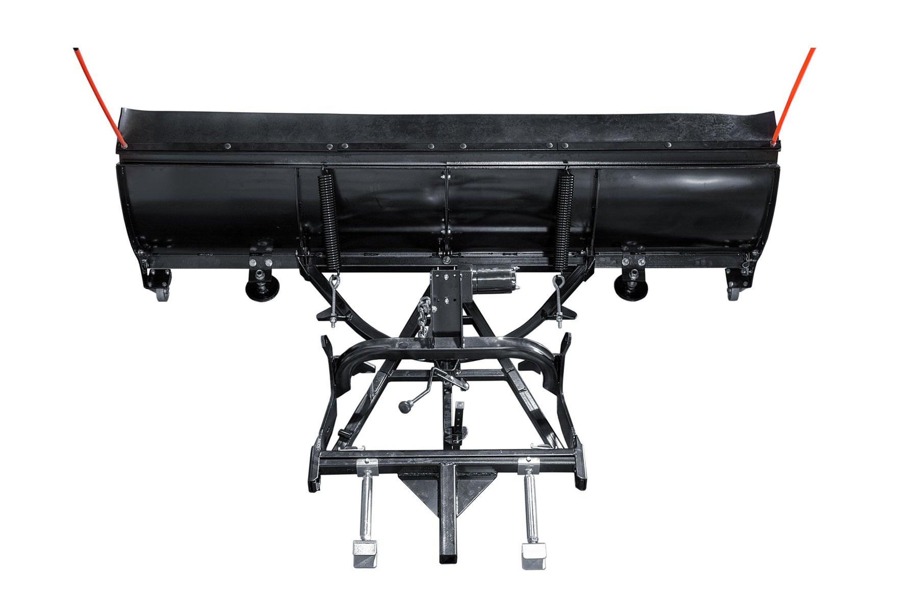 Top-down rear view of the plow frame, winch, trip springs, skid shoes and castors