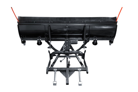 Top-down rear view of the plow frame, winch, trip springs, skid shoes and castors