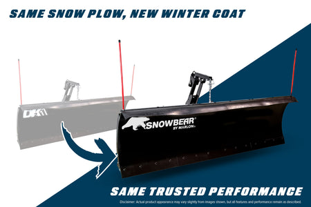 Rebrand graphic showing the DK2-decal Elite plow and the same plow with SnowBear by Marlon decals