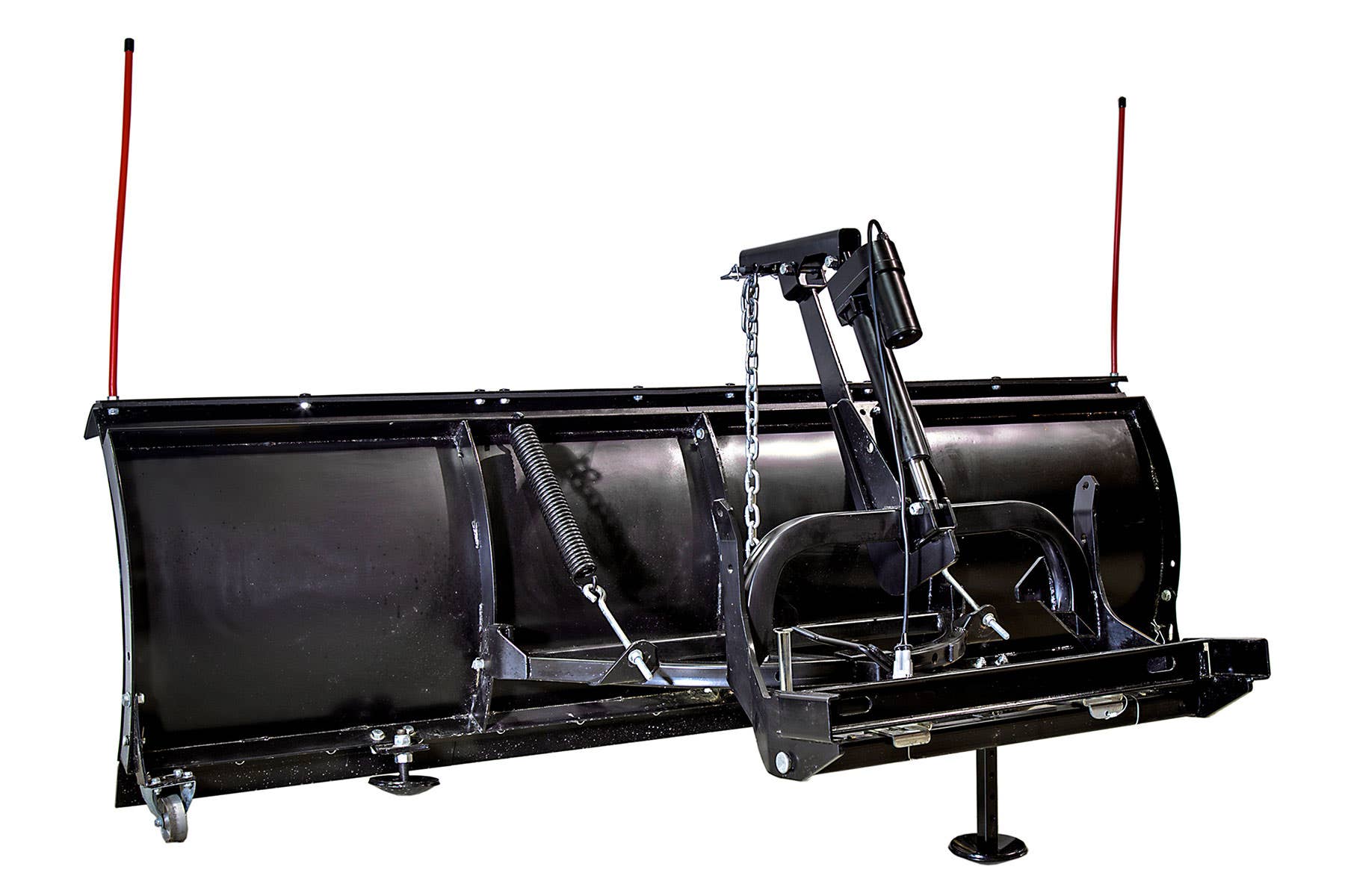Rear three-quarter view of the Elite plow frame, electric actuator, trip spring, castor and stand