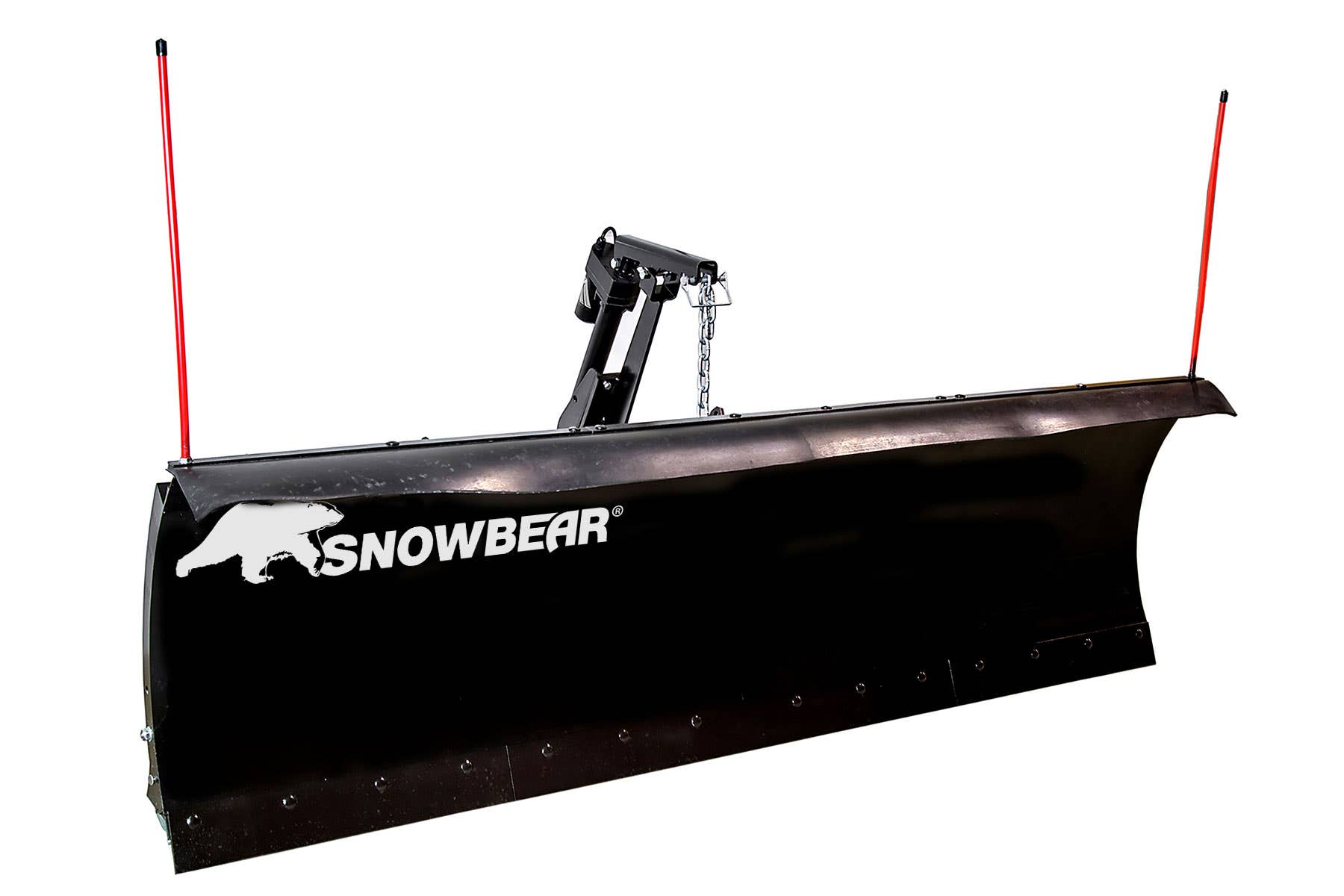 SnowBear Elite hitch-mounted snow plow with actuator lift tower and red blade markers