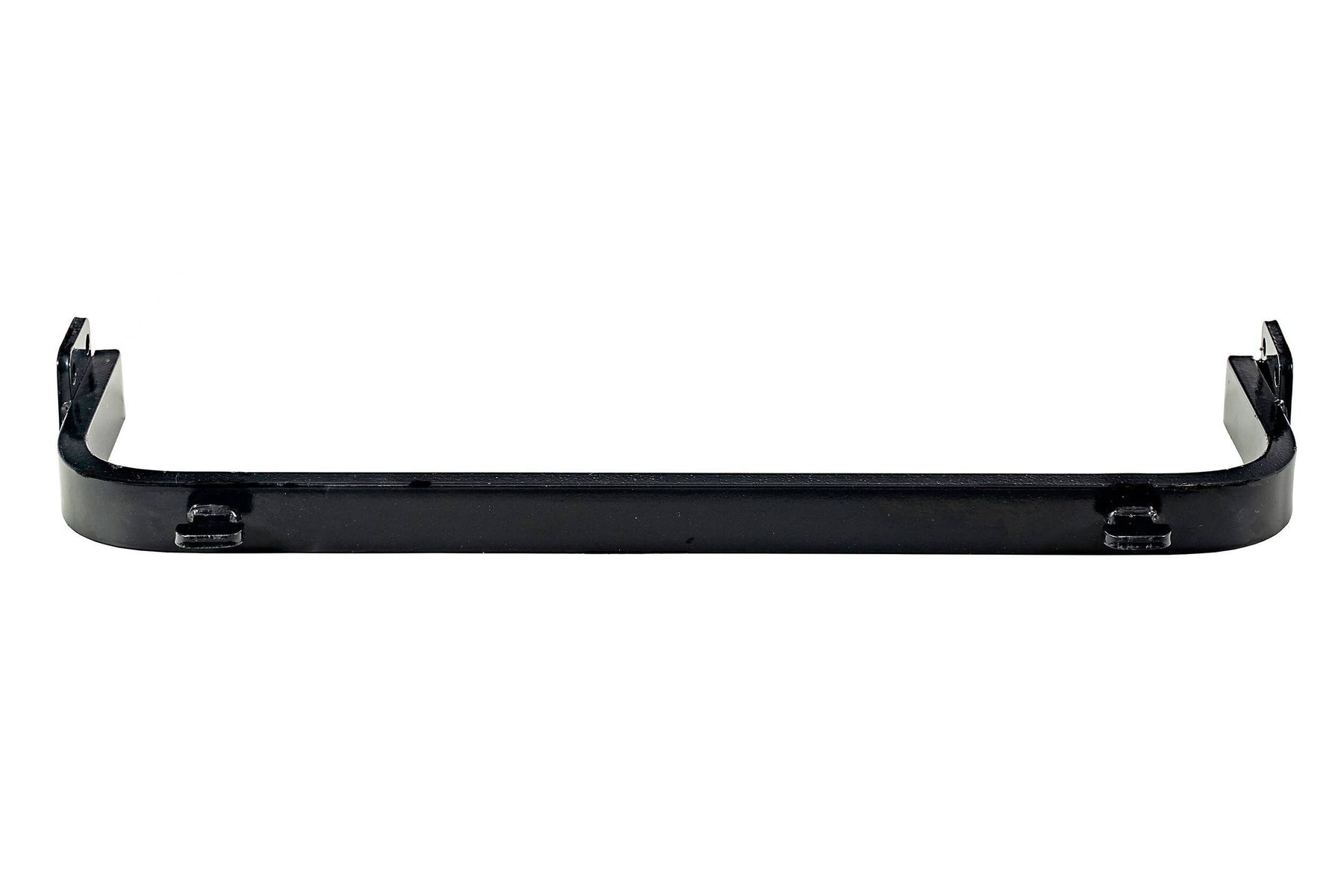 Black powder-coated steel snowplow cross member with mounting tabs at each end
