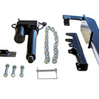Snowplow actuator kit laid out: linear actuator, lift chain, black steel arm brackets, mounting plate, pin and bolts