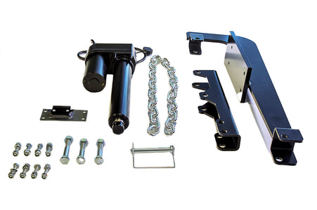 Snowplow actuator kit laid out: linear actuator, lift chain, black steel arm brackets, mounting plate, pin and bolts