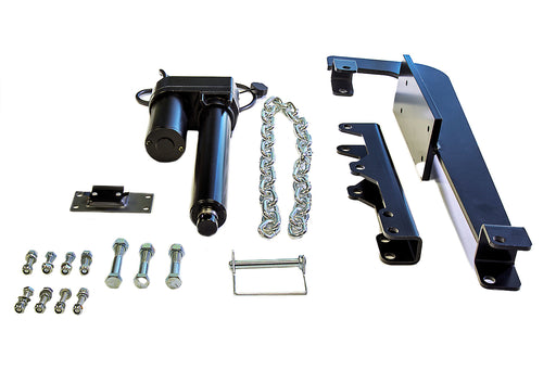 Snowplow actuator kit laid out: linear actuator, lift chain, black steel arm brackets, mounting plate, pin and bolts