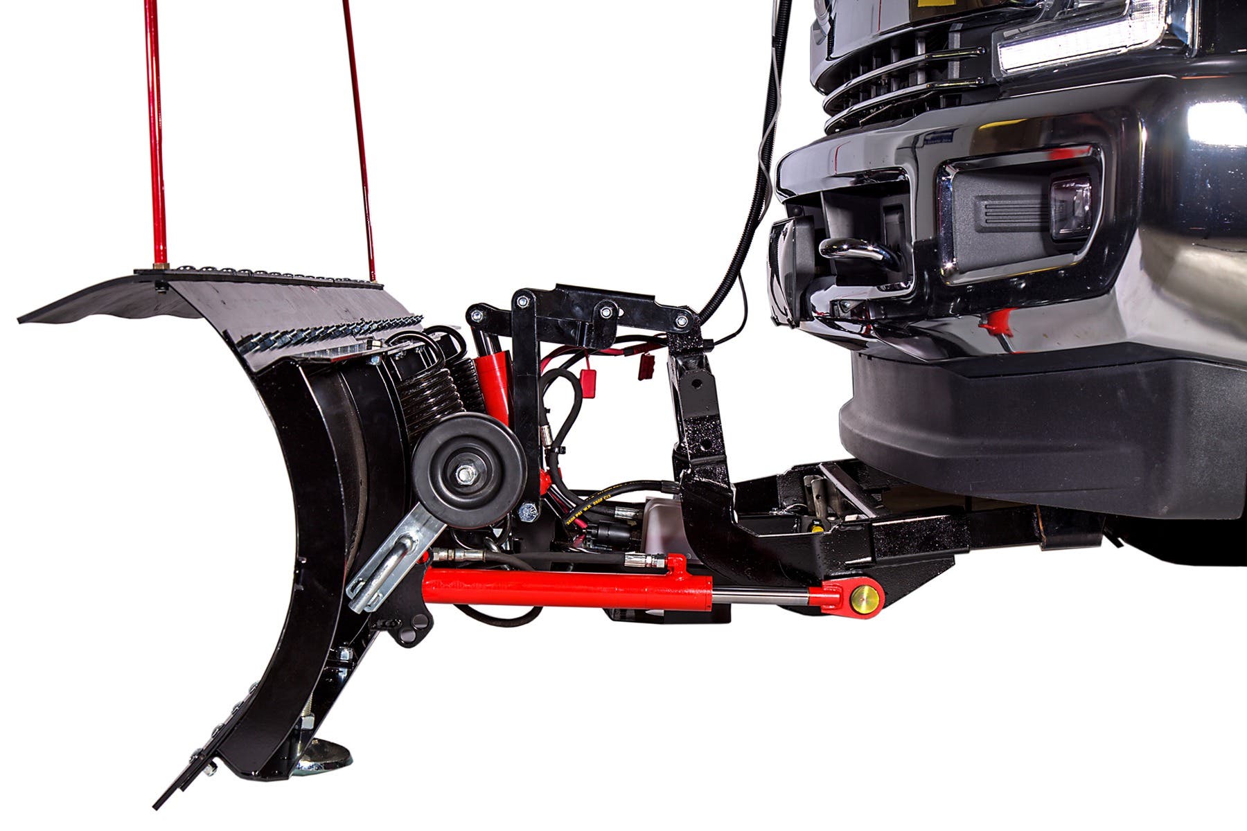 Side view of the DK2 Everest hydraulic plow mounted on a truck, red angle and lift cylinders
