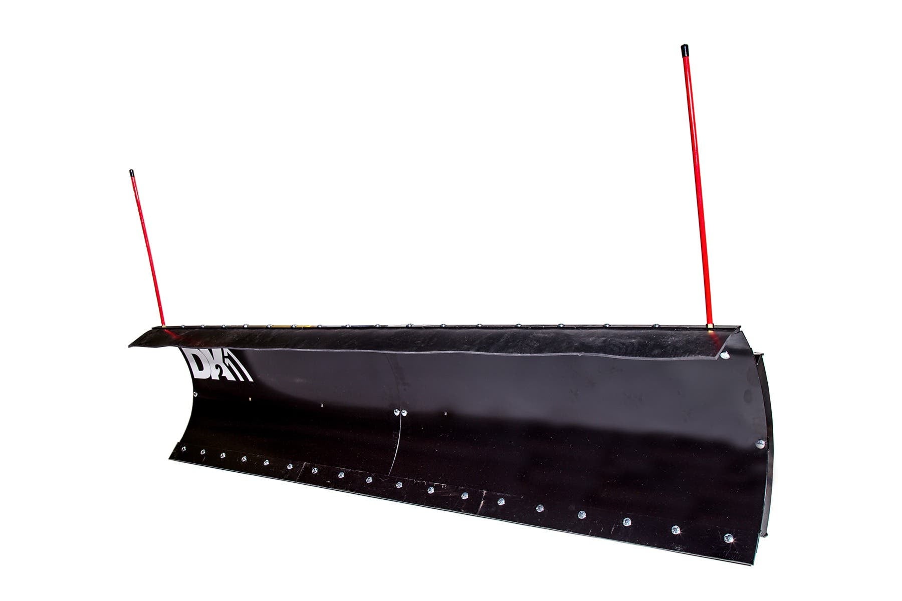DK2 Everest snow plow blade, three-quarter view with DK2 decal and red markers