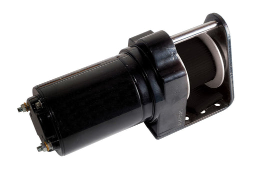 Black electric snowplow winch with strap drum and mounting bracket