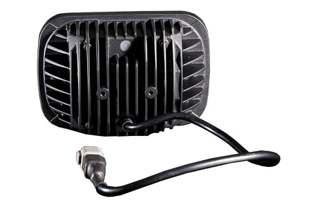 Rear of an LED light showing the finned housing and pigtail connector