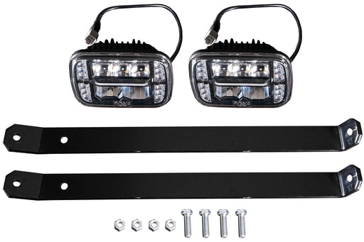 Two LED snowplow lights with pigtail connectors, two black mounting brackets, bolts and nuts