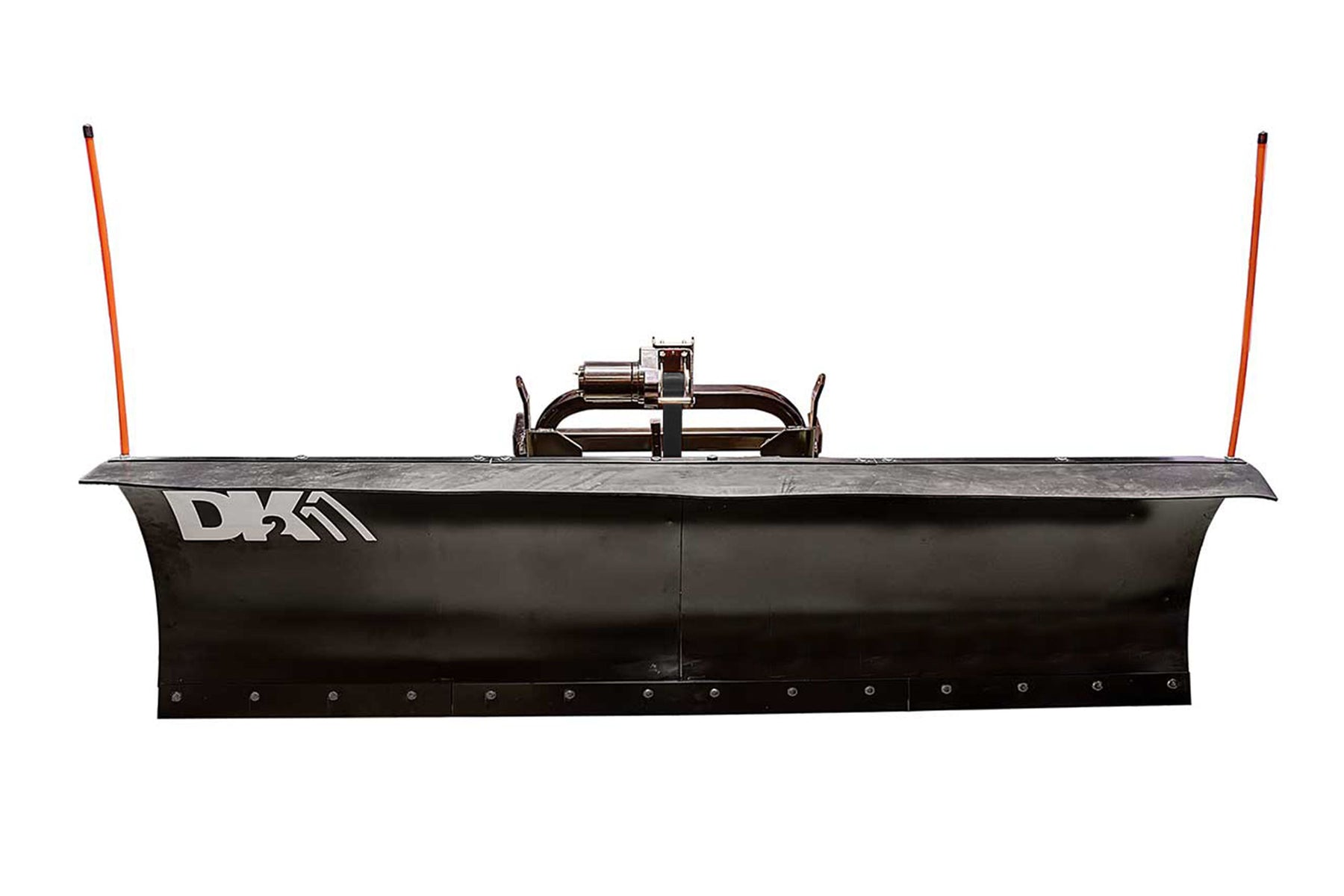 Front view of the DK2 snow plow blade with winch frame and orange blade markers