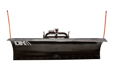 Front view of the DK2 snow plow blade with winch frame and orange blade markers