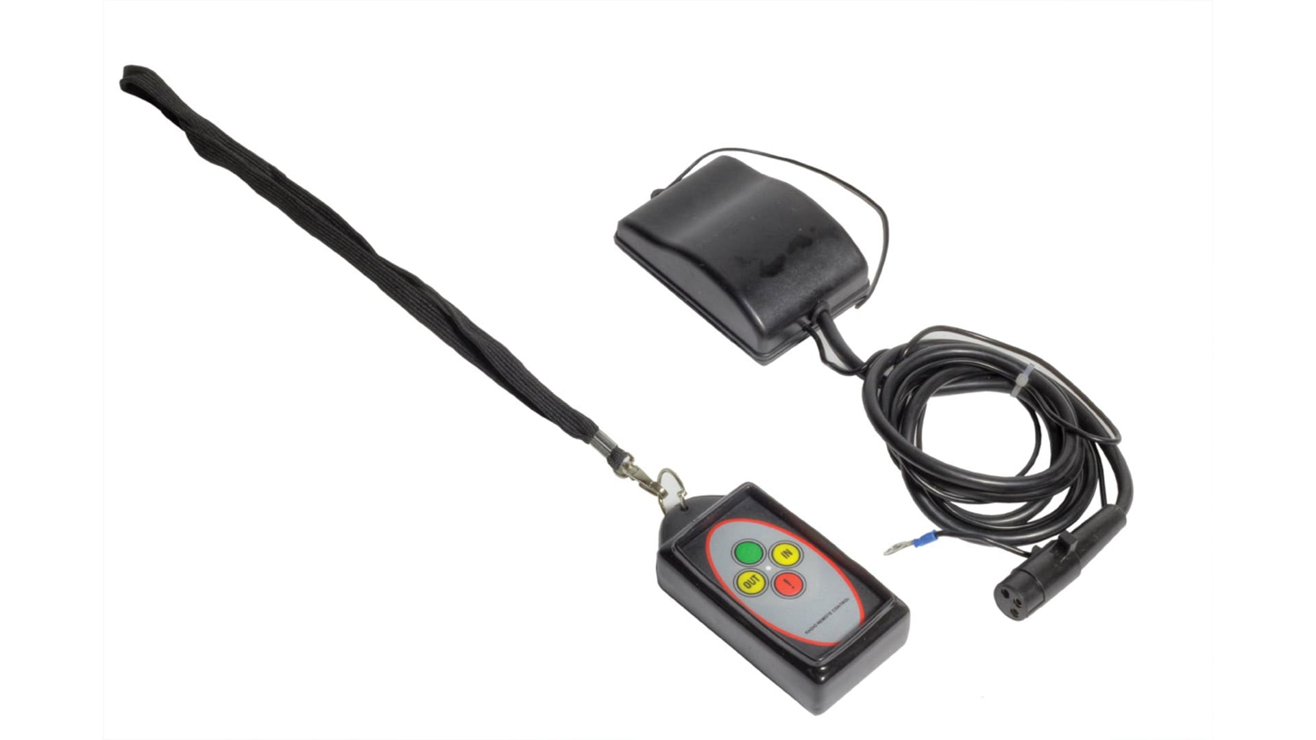 Wireless winch remote on a lanyard with its receiver box and wiring