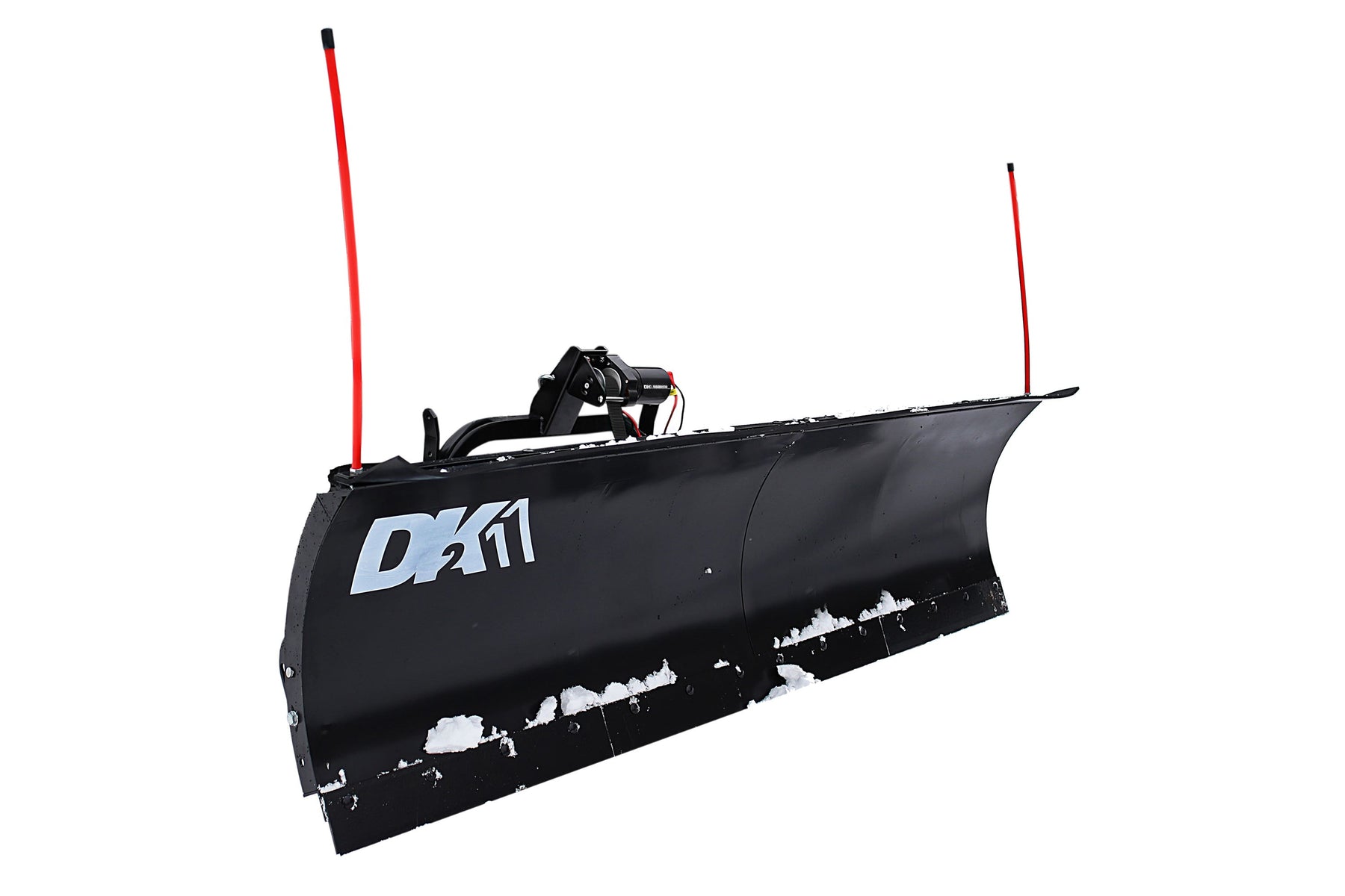 DK2 Rampage II custom-mount snow plow, three-quarter view with electric winch, DK2 decal and red markers