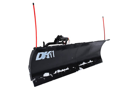 DK2 Rampage II custom-mount snow plow, three-quarter view with electric winch, DK2 decal and red markers