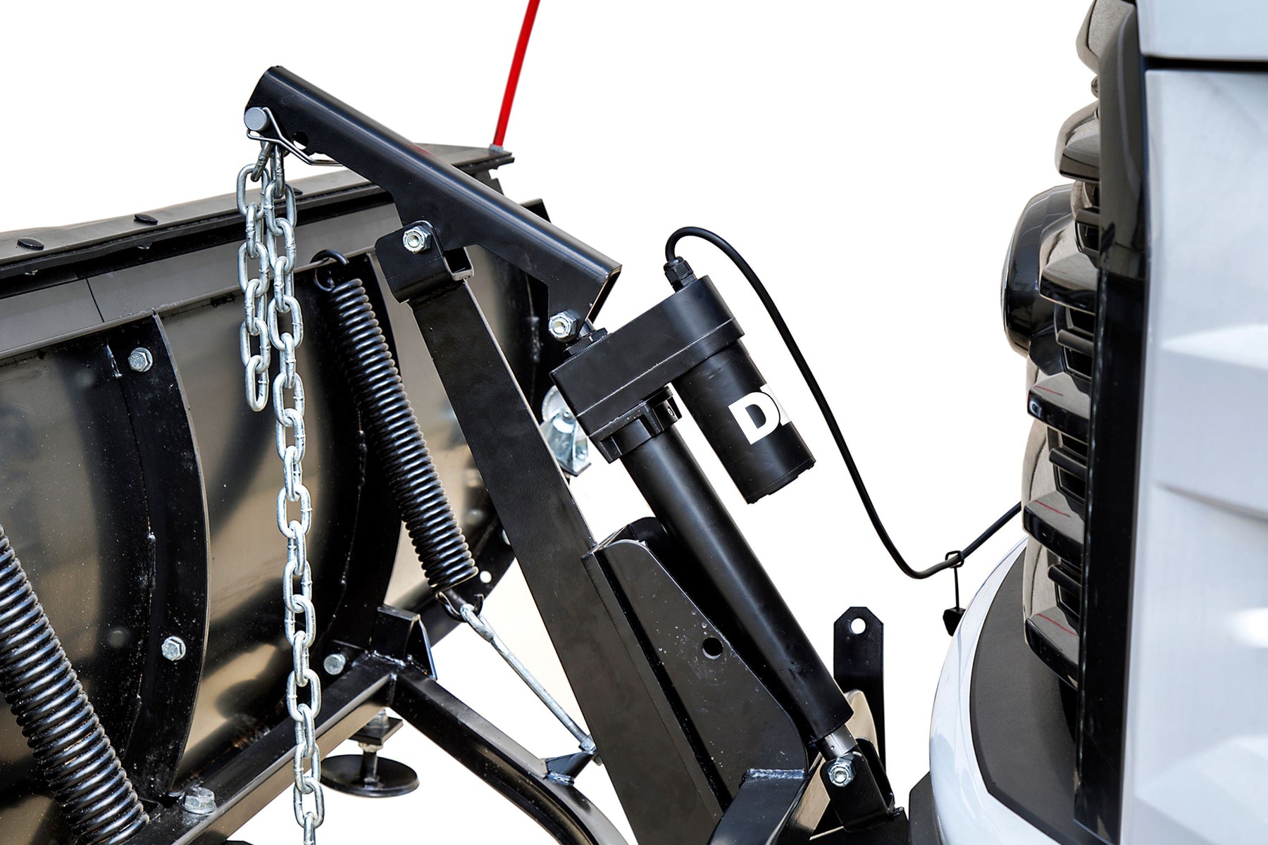 Electric actuator, lift arm, safety chain and trip springs of the ELITE plow at a pickup's front end
