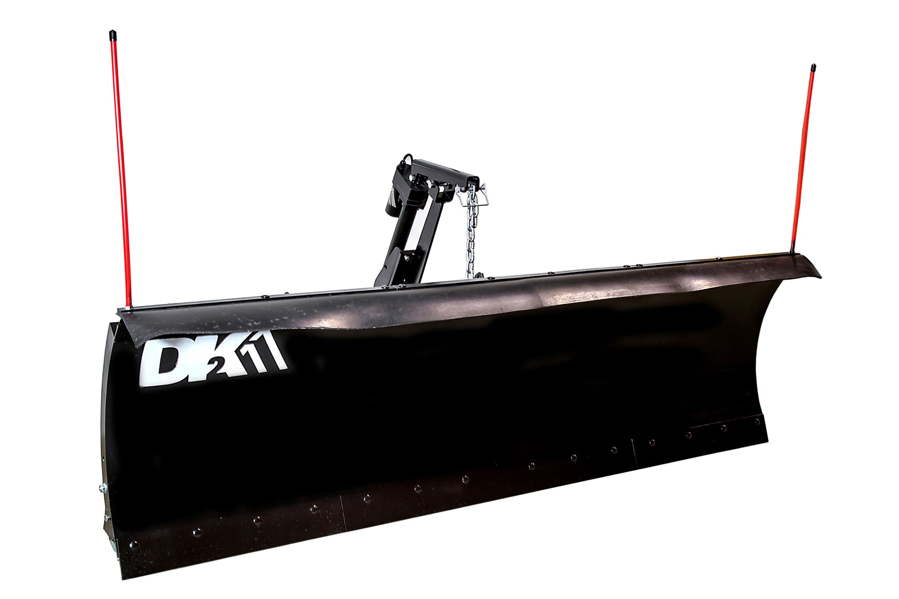 DK2 Rampage II ELITE snow plow, three-quarter view with electric actuator lift arm and safety chain