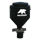 SnowBear salt spreader with black hopper, latched lid and stainless steel spinner