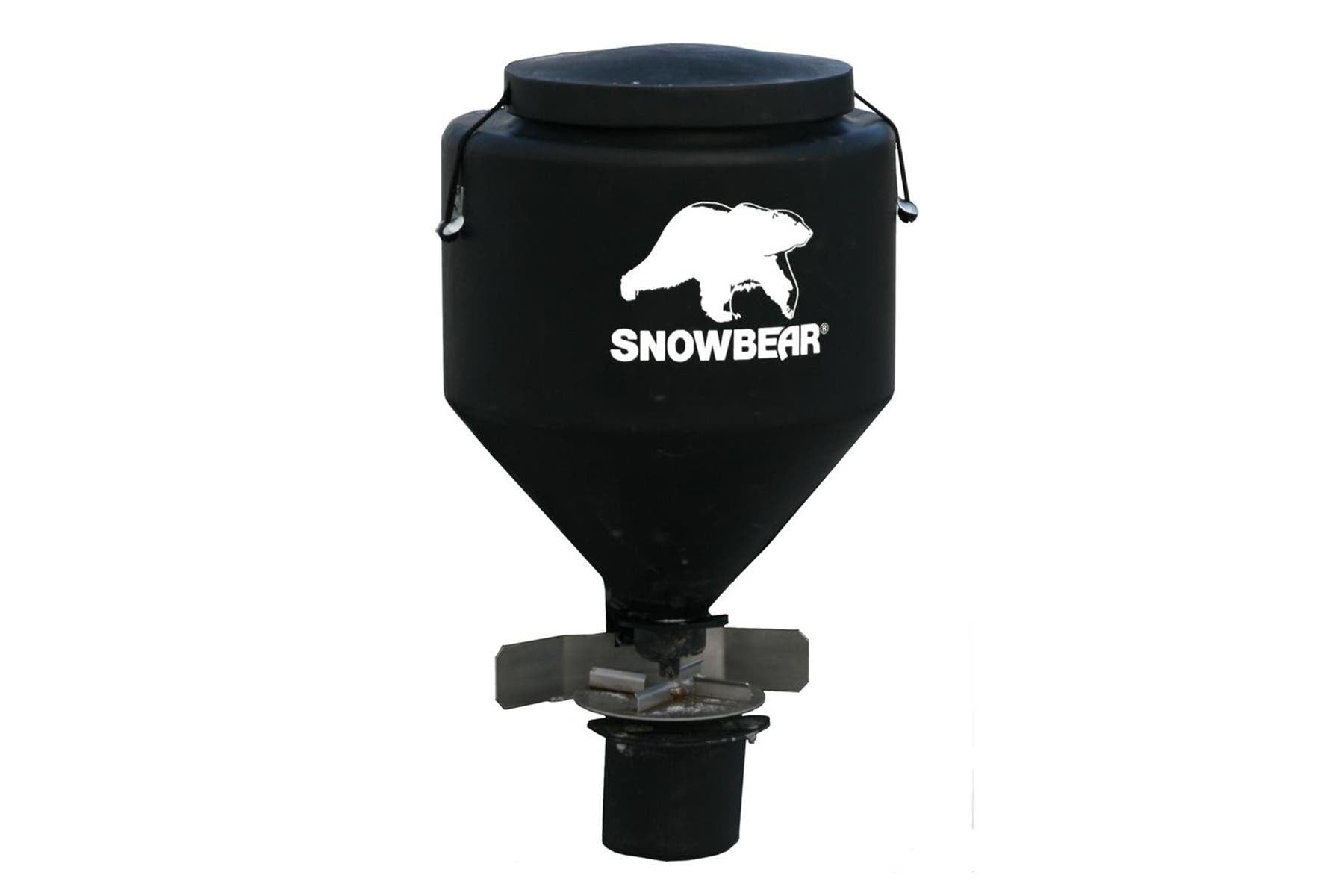 SnowBear salt spreader with black hopper, latched lid and stainless steel spinner