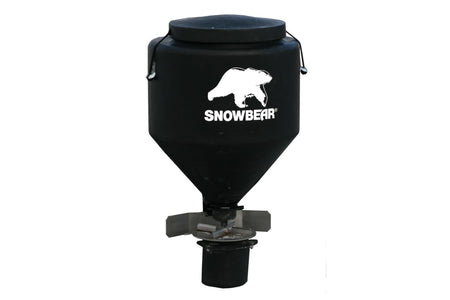 SnowBear salt spreader with black hopper, latched lid and stainless steel spinner