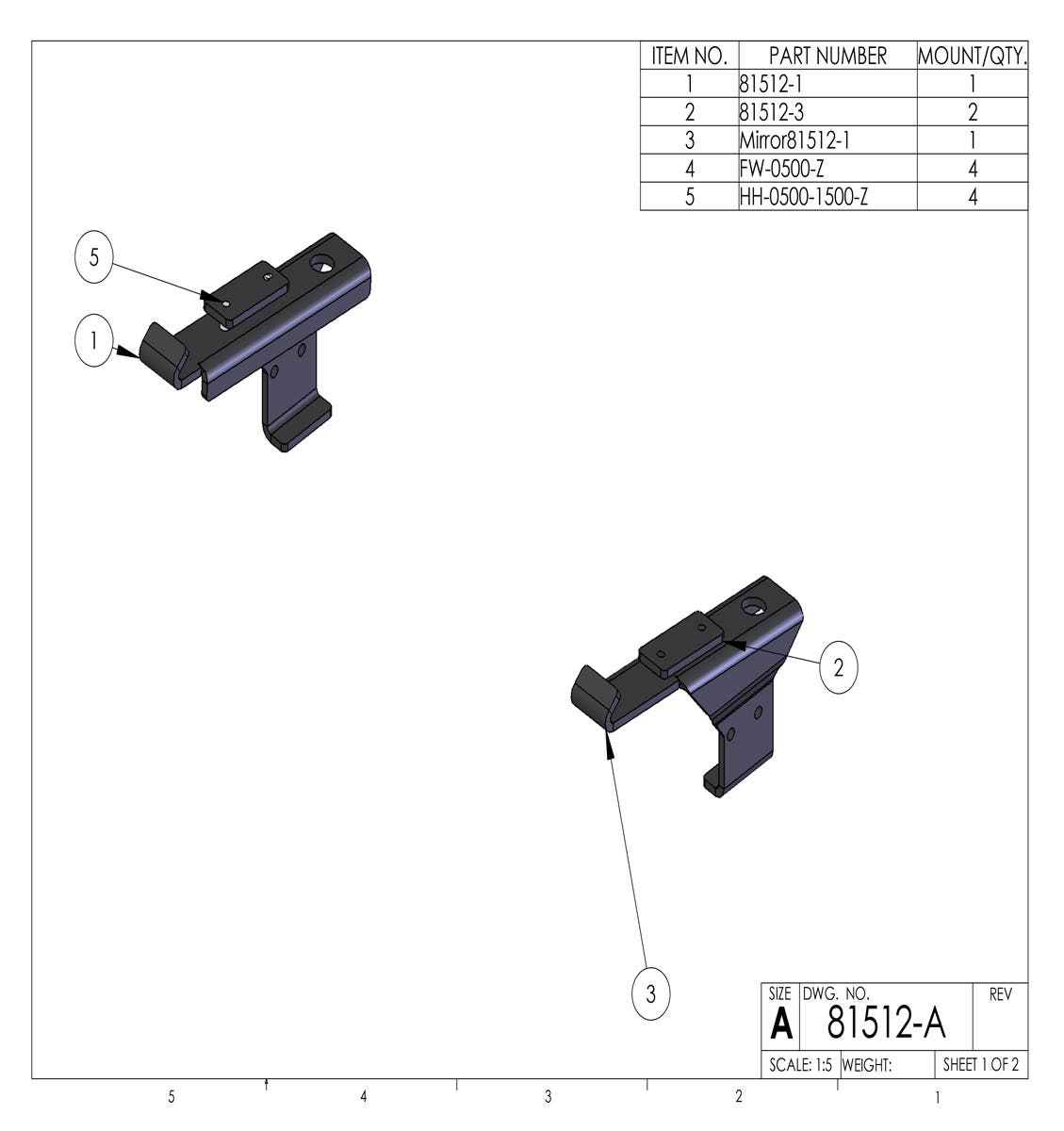 Kit 81512 drawing: left and right brackets with spacer blocks, bolts and washers