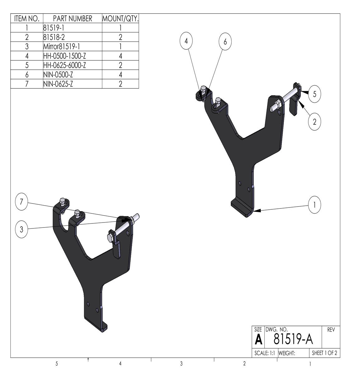 Kit 81519 drawing: left and right Y-shaped brackets with pins, bolts and nuts