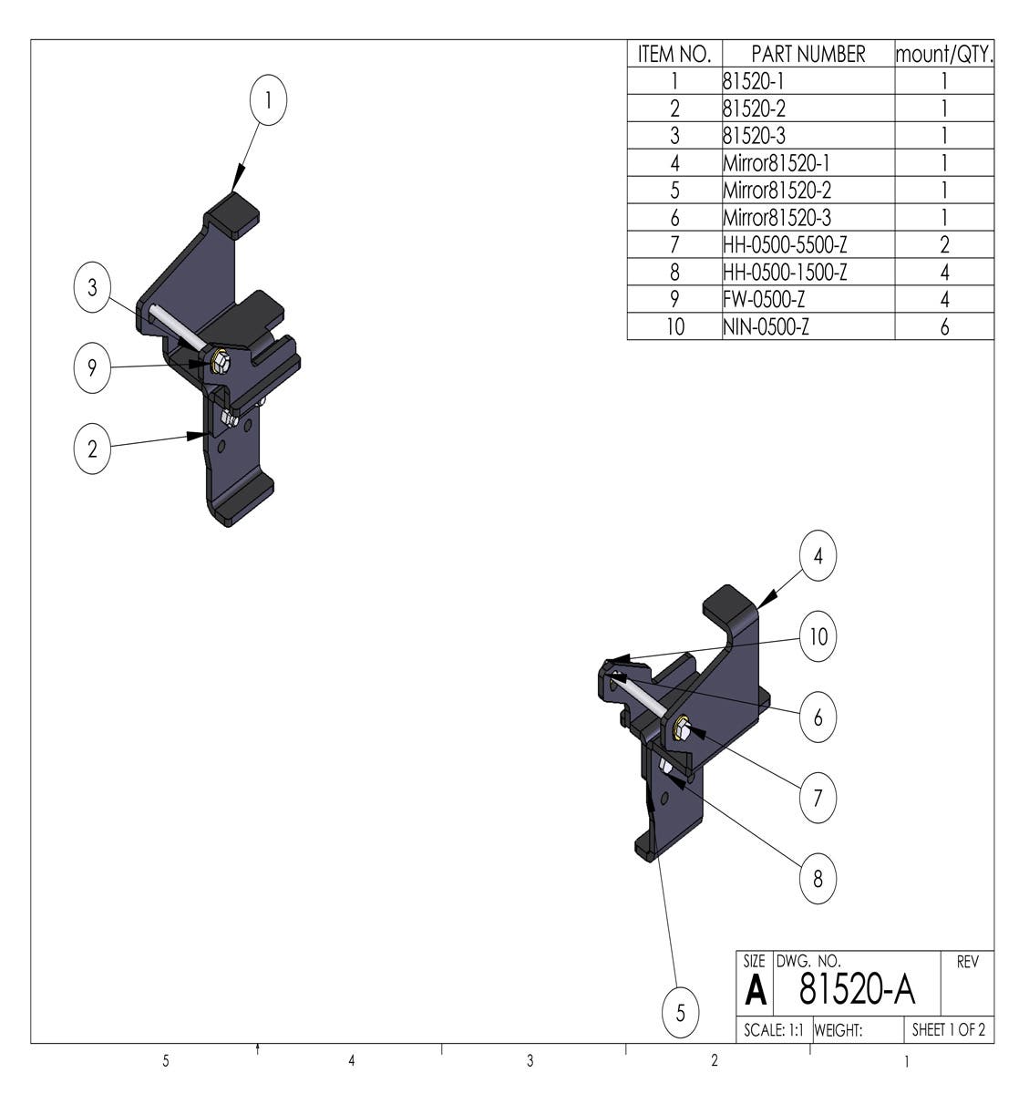 Kit 81520 drawing: left and right three-piece brackets with bolts, washers and nuts