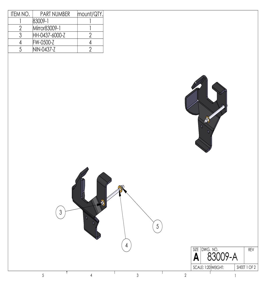 Kit 83009 drawing: left and right brackets with through-bolts, washers and nuts