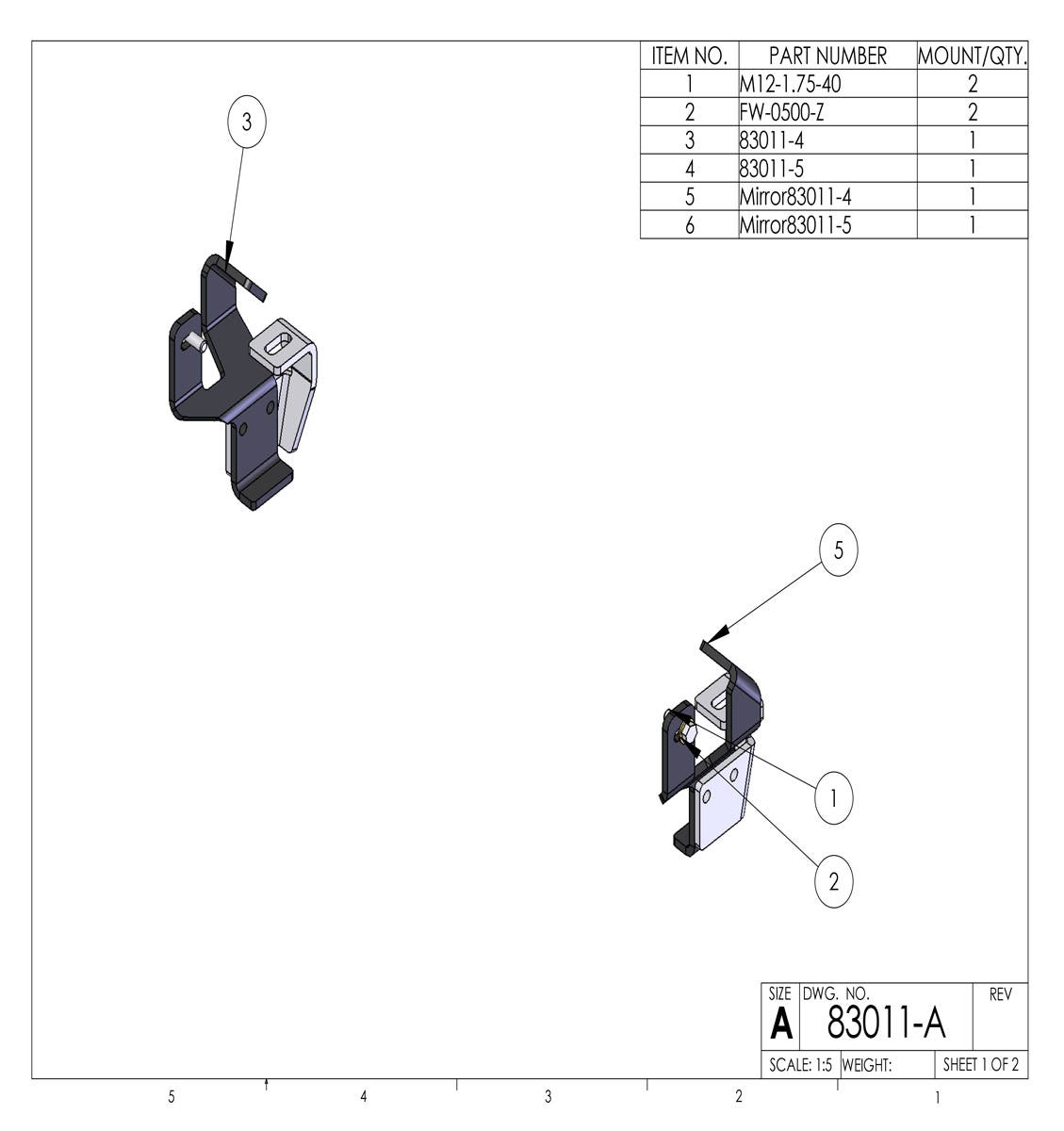 Kit 83011 drawing: left and right two-piece brackets with bolts and washers