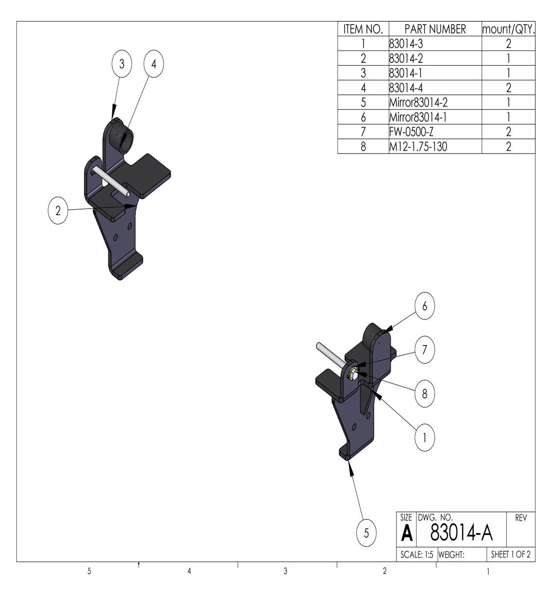 Kit 83014 drawing: left and right brackets with sleeves, long bolts and washers