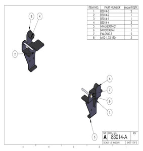 Kit 83014 drawing: left and right brackets with sleeves, long bolts and washers