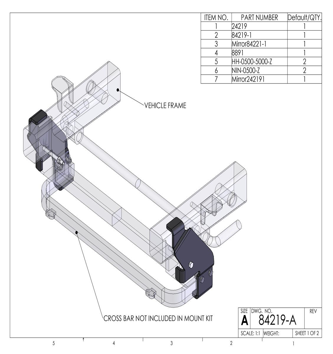 Kit 84219 drawing: brackets on a vehicle frame, cross bar shown as not included in mount kit