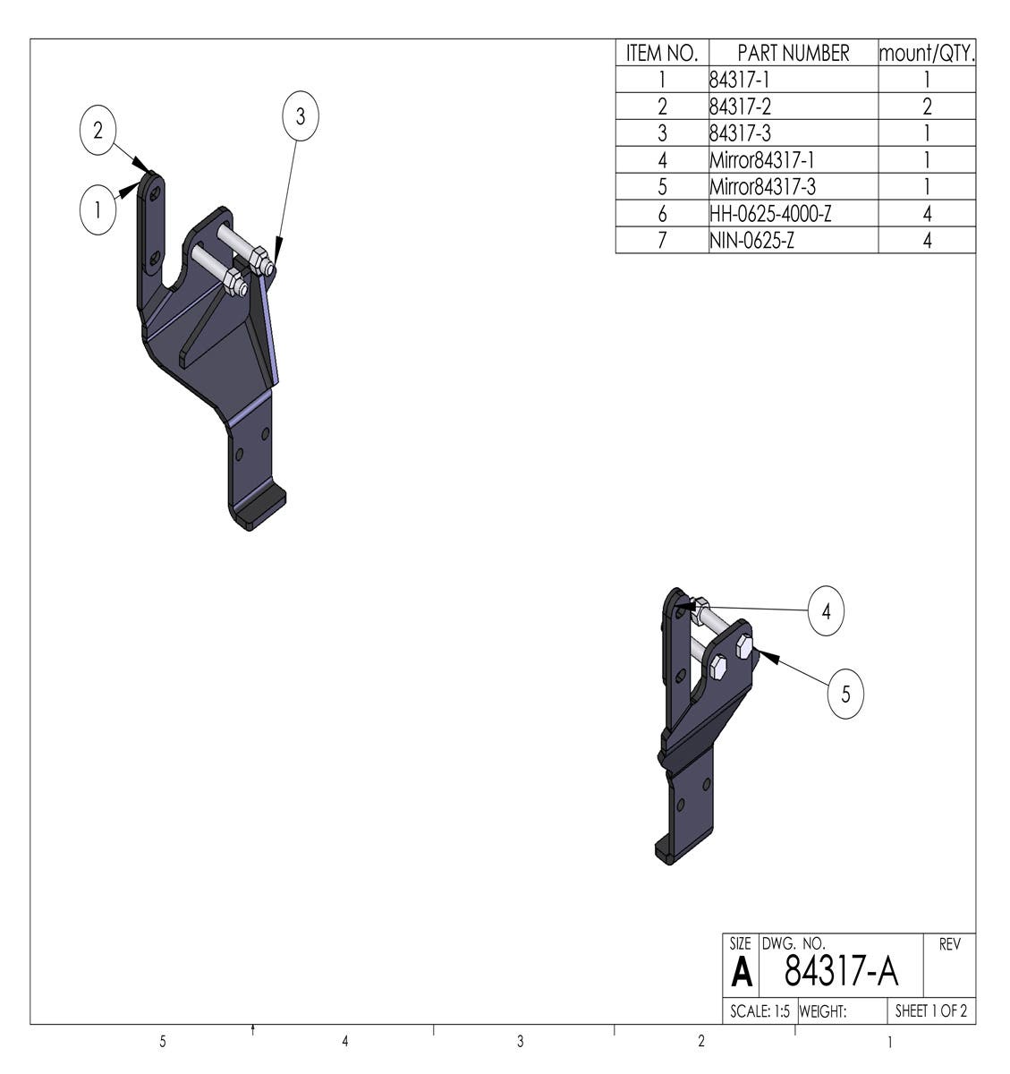 Kit 84317 drawing: left and right brackets with bolts and nuts
